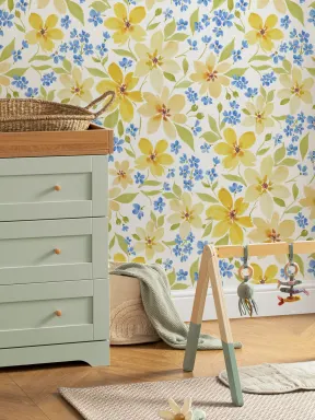 Yellow and Blue Watercolor Flowers Wallpaper