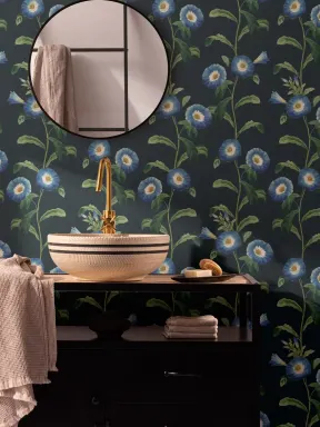 Leafy Bright Blue Petunia Floral Wallpaper