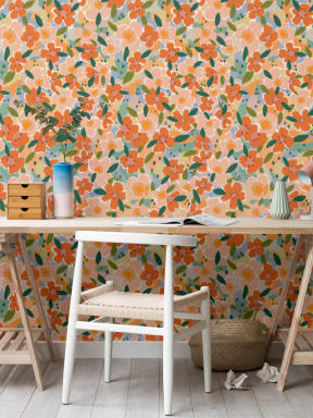 Orange Oil Painted Style Fun Floral Wallpaper