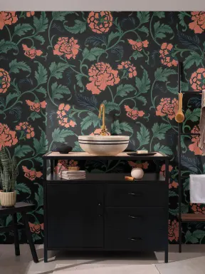 Peony Chinese Ornaments Illustrations Black Wall Mural