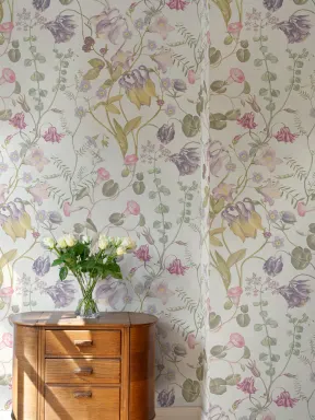 Evelina Pink Floral Wallpaper with Hand Drawn Vintage Botanical Pattern