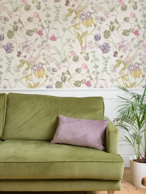 Evelina Papier peint floral rose avec motif botanique vintage dessiné à la main