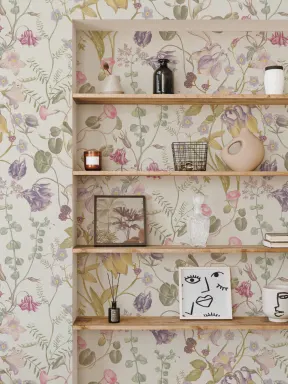 Evelina Pink Floral Wallpaper with Hand Drawn Vintage Botanical Pattern