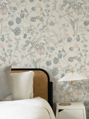 Evelina Blue Botanical Wallpaper with Whimsical Vintage Floral Details