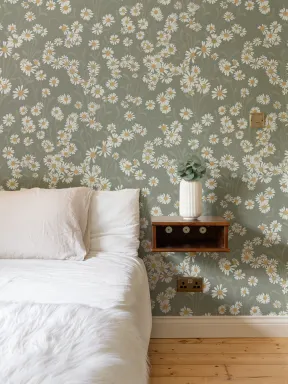 Green Vintage Floral Pattern Mural With Daisies Mural
