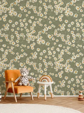 papier peint panoramique à motif floral vintage vert avec marguerites