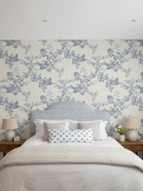 Mural de Papel de Parede com Padrão Floral Vintage Azul Elegante