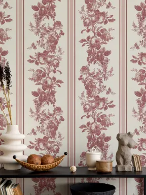 Rode vintage bloemenstreep muurschildering