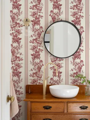 Red Vintage Floral Stripe Wallpaper Mural