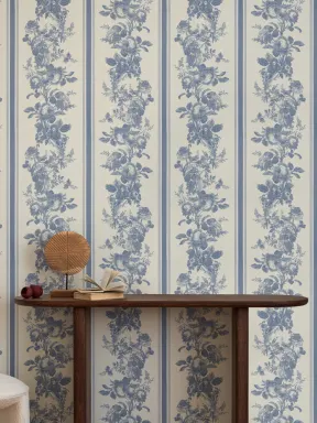 Marineblauwe vintage muurschildering met bloemen en strepen