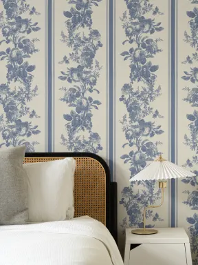 Navy Vintage Floral Striped Pattern Wall Mural