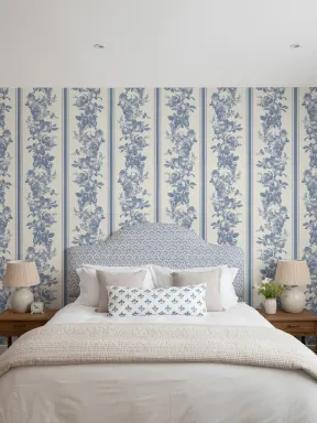 Navy Vintage Floral Striped Pattern Wall Mural
