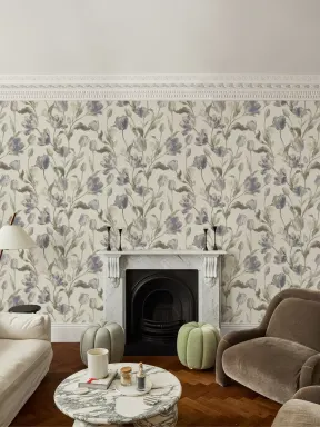 Papier peint panoramique bleu ancien à fleurs épanouies, inspiré par une élégance raffinée