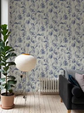 Papier peint panoramique à motif floral botanique bleu
