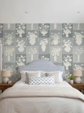 Blå blomstrete fototapet i håndverksstil for elegante rom