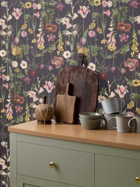 Dark Illustrated Wildflower Wallpaper