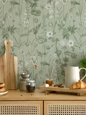 Papier peint illustré de fleurs sauvages vertes
