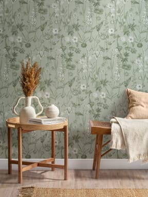 Papier peint illustré de fleurs sauvages vertes