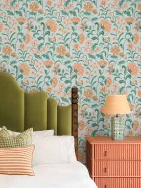 Teal Indian Style Floral Wallpaper