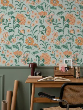 Teal Indian Style Floral Wallpaper