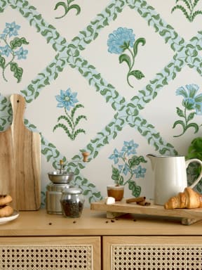 Blue Block Print Botanic Trellis Murale