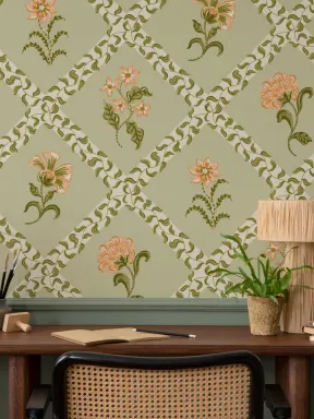 Green Block Print Botanical Trellis Mural