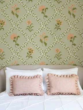Green Block Print Botanical Trellis Mural