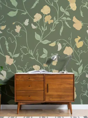 Dark Yellow Sweet Pea Floral & Vines Mural