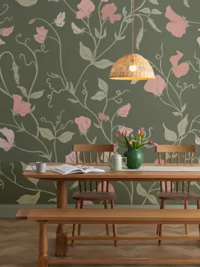 Dark Pink Sweet Pea Floral & Vines Mural