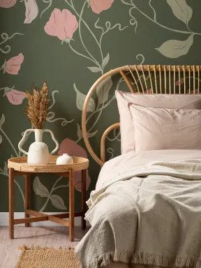 Dark Pink Sweet Pea Floral & Vines Mural