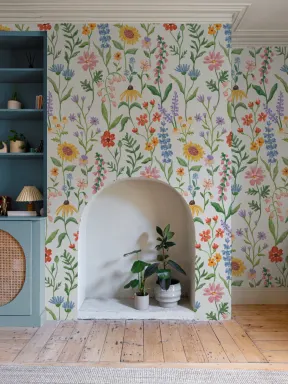 Blue Hand Drawn Wildflowers Mural