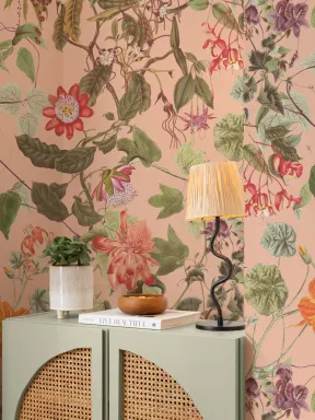 Vintage Botanical Floral Wall Mural in Soft Blush Pink