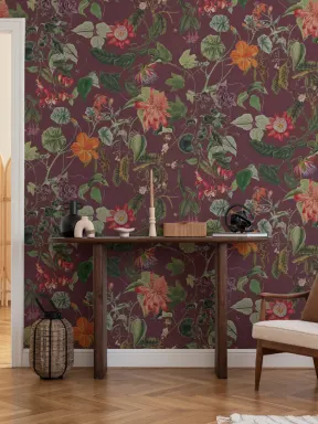 Rich Botanical Floral Wall Mural in Deep Berry Red