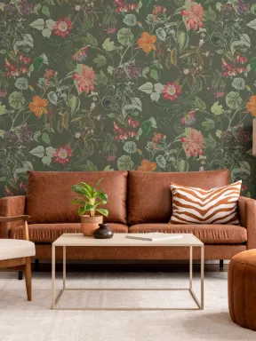 Papier peint panoramique floral en vert forêt