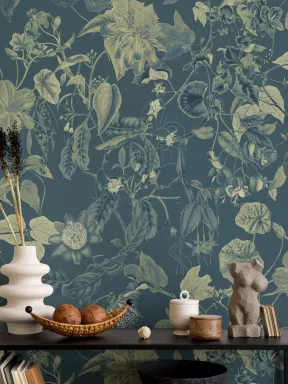 Tonal Botanical Floral Wall Mural in Blue