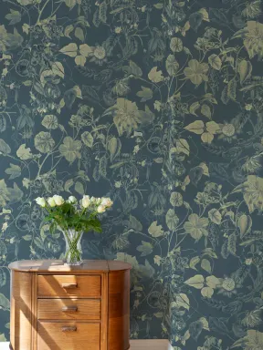 Papier peint panoramique floral botanique ton sur ton en bleu
