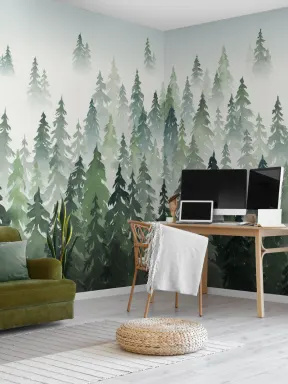 Papier Peint Panoramique Forêt de Pins Verts à l’Aquarelle