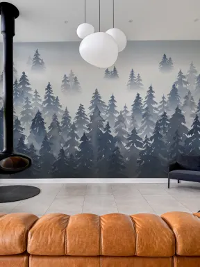 Papier Peint Panoramique Forêt de Pins Bleus à l’Aquarelle