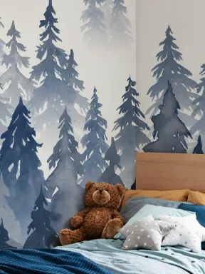 Papier Peint Panoramique Forêt de Pins Bleus à l’Aquarelle