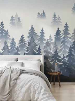 Papier Peint Panoramique Forêt de Pins Bleus à l’Aquarelle