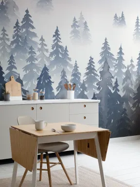 Papier Peint Panoramique Forêt de Pins Bleus à l’Aquarelle