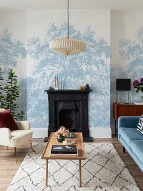 Blue Forest Illustration Etching Wallpaper Mural