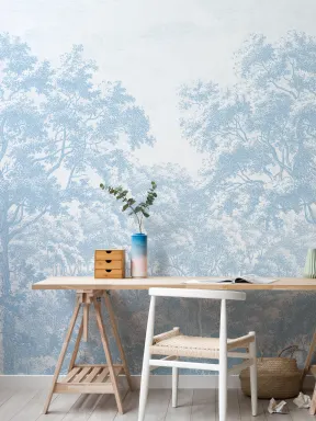Papier Peint Panoramique avec Forêt Bleue à l’Eau Forte