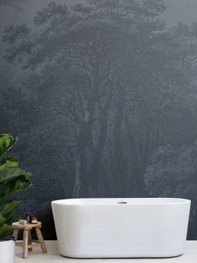 Vintage Forest Etching Wall Mural in Deep Navy Blue