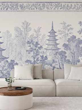 Blue Japanese Landscape Serenity Pagoda Design Wall Mural