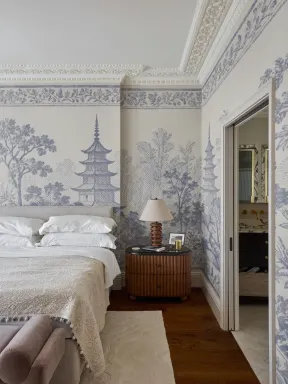 Blue Japanese Landscape Serenity Pagoda Design Wall Mural