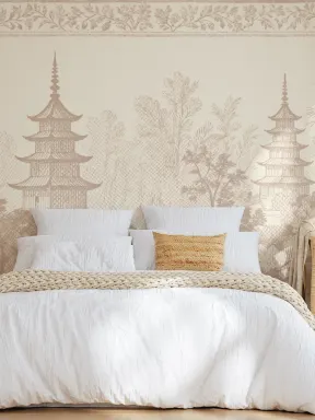 Papier peint beige Pagode Orientale Paysage Sérénité