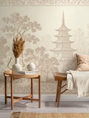 Papier peint beige Pagode Orientale Paysage Sérénité