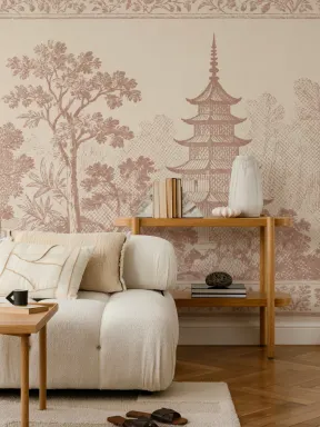 Warme orientalische Pagode Landschaft im Vintage-Stil Fototapete