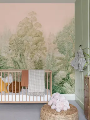 Mural de papel pintado de naturaleza con bosque botánico brumoso en verde